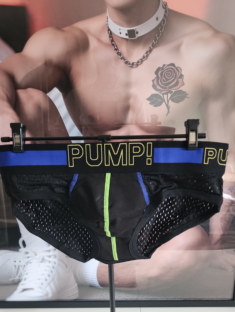 PUMP! Men's Black Brief with Blue Waistband and Neon Green Trim